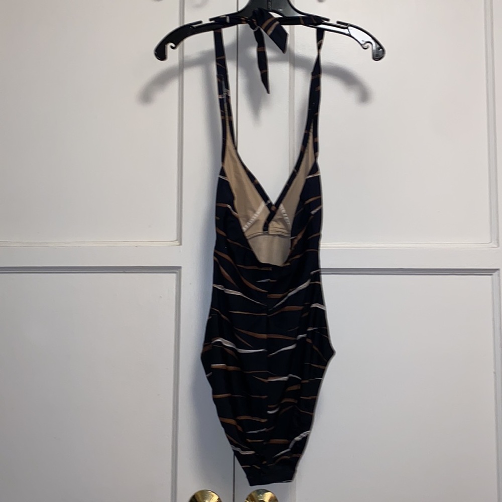 Aerin Rose 32/34D Black Tan White Stripe One Piece Swimsuit - Picture 4 of 11